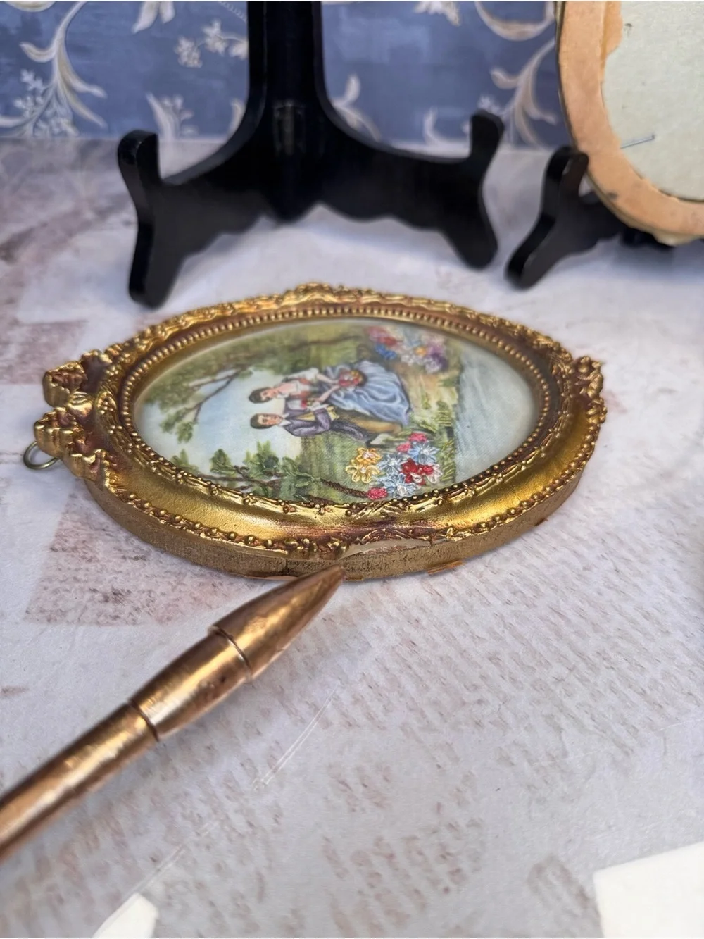 Vintage Courting Couple Silk Embroidery Convex Glass Wall Art Set 2